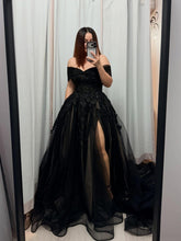 Load image into Gallery viewer, Jenna black wedding dress with pockets and slit .( nude underlayer). Detachable off shoulder and long sleeves .
