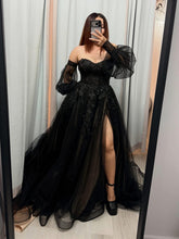 Load image into Gallery viewer, Jenna black wedding dress with pockets and slit .( nude underlayer). Detachable off shoulder and long sleeves .
