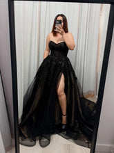 Load image into Gallery viewer, Jenna black wedding dress with pockets and slit .( nude underlayer). Detachable off shoulder and long sleeves .

