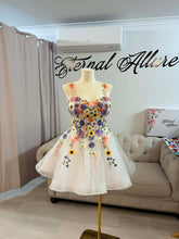 Load image into Gallery viewer, Amy 2 in 1 floral wedding dress with pockets (detachable off shoulder sleeves and shoulder straps ). Mini dress with detachable a-line skirt with small train .
