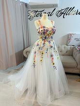 Load image into Gallery viewer, Amy 2 in 1 floral wedding dress with pockets (detachable off shoulder sleeves and shoulder straps ). Mini dress with detachable a-line skirt with small train .
