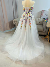 Load image into Gallery viewer, Amy 2 in 1 floral wedding dress with pockets (detachable off shoulder sleeves and shoulder straps ). Mini dress with detachable a-line skirt with small train .
