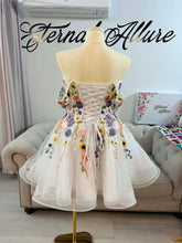 Load image into Gallery viewer, Amy 2 in 1 floral wedding dress with pockets (detachable off shoulder sleeves and shoulder straps ). Mini dress with detachable a-line skirt with small train .
