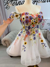 Load image into Gallery viewer, Amy 2 in 1 floral wedding dress with pockets (detachable off shoulder sleeves and shoulder straps ). Mini dress with detachable a-line skirt with small train .
