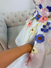 Load image into Gallery viewer, Amy 2 in 1 floral wedding dress with pockets (detachable off shoulder sleeves and shoulder straps ). Mini dress with detachable a-line skirt with small train .
