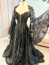 Load image into Gallery viewer, Jenni black butterflies wedding dress corset back , with slit and pockets, (bell sleeves , spaghetti straps included)
