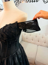 Load image into Gallery viewer, Jenni black butterflies wedding dress corset back , with slit and pockets, (off shoulders , spaghetti straps included)
