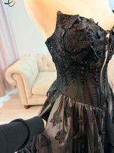 Load image into Gallery viewer, Jenni black butterflies wedding dress corset back , with slit and pockets, (bell sleeves , spaghetti straps included)
