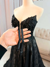Load image into Gallery viewer, Jenni black butterflies wedding dress corset back , with slit and pockets, (bell sleeves , spaghetti straps included)
