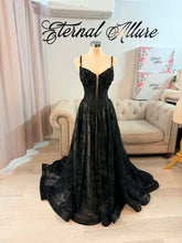 Load image into Gallery viewer, Jenni black butterflies wedding dress corset back , with slit and pockets, (off shoulders , spaghetti straps included)
