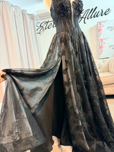 Load image into Gallery viewer, Jenni black butterflies wedding dress corset back , with slit and pockets, (bell sleeves , spaghetti straps included)

