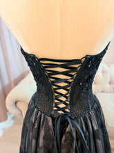 Load image into Gallery viewer, Jenni black butterflies wedding dress corset back , with slit and pockets, (bell sleeves , spaghetti straps included)
