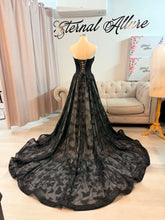 Load image into Gallery viewer, Jenni black butterflies wedding dress corset back , with slit and pockets, (bell sleeves , spaghetti straps included)
