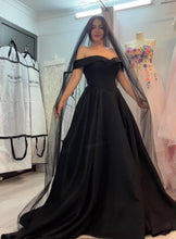 Load image into Gallery viewer, Alina off shoulder black wedding dress with slit and pockets .
