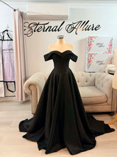 Load image into Gallery viewer, Alina off shoulder black wedding dress with slit and pockets .
