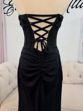 Load image into Gallery viewer, Morticia black wedding dress with detachable off shoulder sleeves.
