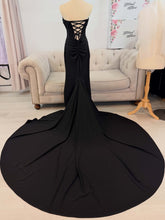 Load image into Gallery viewer, Morticia black wedding dress with detachable off shoulder sleeves.
