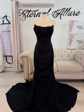 Load image into Gallery viewer, Morticia black wedding dress with detachable off shoulder sleeves.
