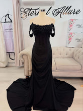 Load image into Gallery viewer, Morticia black wedding dress with detachable off shoulder sleeves.

