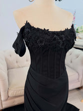 Load image into Gallery viewer, Morticia black wedding dress with detachable off shoulder sleeves.
