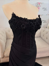 Load image into Gallery viewer, Morticia black wedding dress with detachable off shoulder sleeves.
