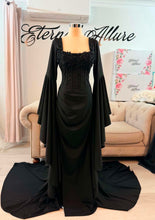 Load image into Gallery viewer, Morticia black wedding dress with bell sleeves
