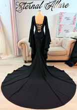 Load image into Gallery viewer, Morticia black wedding dress with bell sleeves
