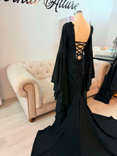 Load image into Gallery viewer, Morticia black wedding dress with bell sleeves
