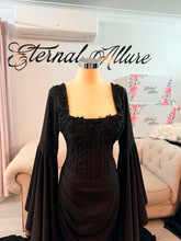 Load image into Gallery viewer, Morticia black wedding dress with bell sleeves
