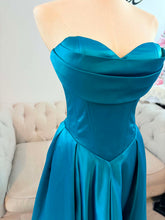 Load image into Gallery viewer, Hayley teal blue formal dress with slit and pockets , straps removable.
