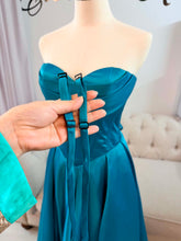 Load image into Gallery viewer, Hayley teal blue formal dress with slit and pockets , straps removable.
