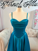 Load image into Gallery viewer, Hayley teal blue formal dress with slit and pockets , straps removable.
