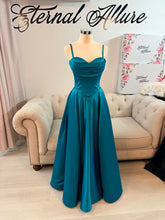 Load image into Gallery viewer, Hayley teal blue formal dress with slit and pockets , straps removable.
