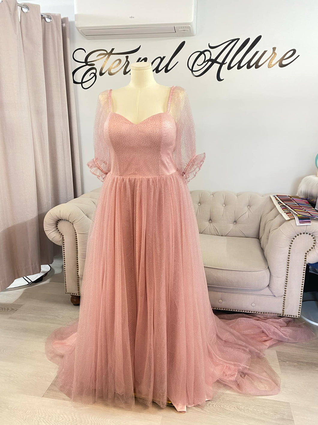 Alix pink glitter tulle wedding dress with pockets.