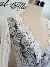 Load image into Gallery viewer, Hestia skull wedding dress with long sleeves and pockets.
