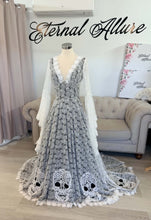 Load image into Gallery viewer, Hestia skull wedding dress with long sleeves and pockets.
