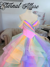 Load image into Gallery viewer, Mia rainbow wedding dress with detachable off shoulder and straps .
