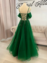 Load image into Gallery viewer, Tina 3D lace dark green wedding dress (with slit,pockets, removable off shoulders sleeve)
