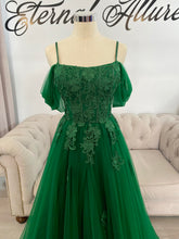 Load image into Gallery viewer, Tina 3D lace dark green wedding dress (with slit,pockets, removable off shoulders sleeve)
