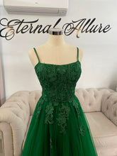 Load image into Gallery viewer, Tina 3D lace dark green wedding dress (with slit,pockets, removable off shoulders sleeve)
