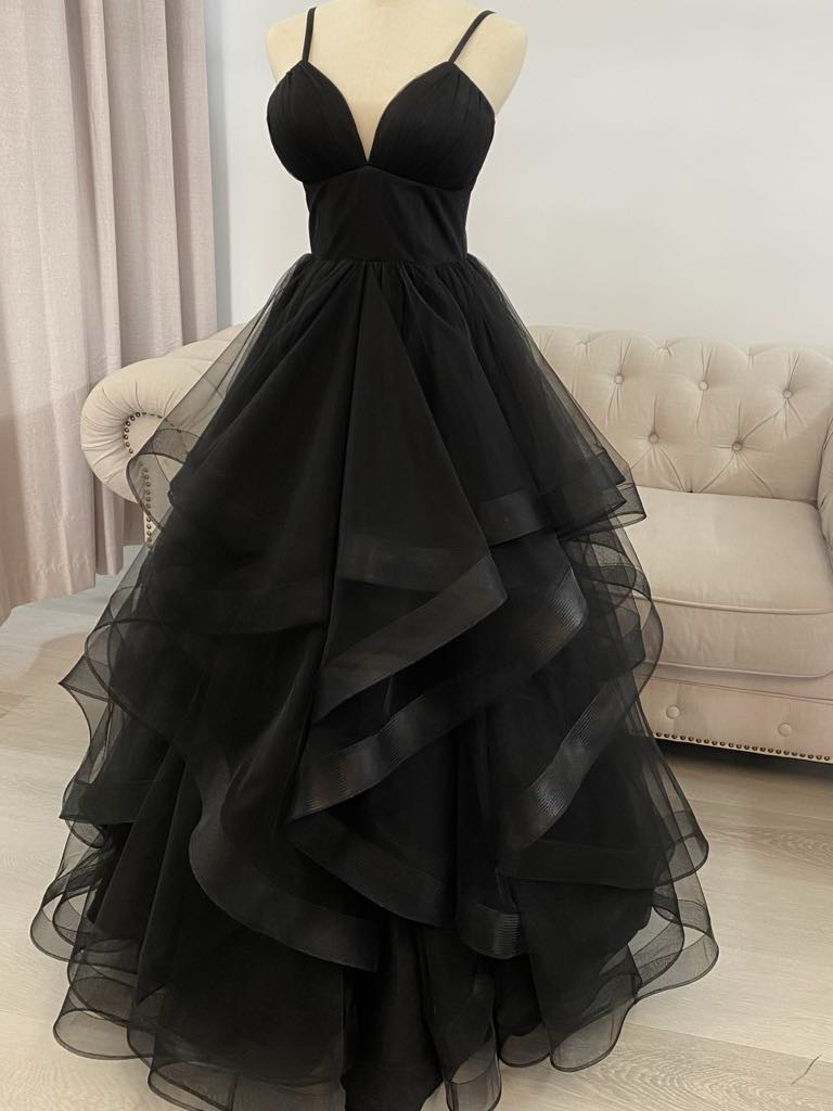 Alysha black waterfall wedding dress with pockets.