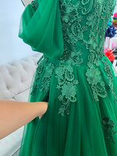 Load image into Gallery viewer, Tina 3D lace dark green wedding dress (with slit,pockets, removable off shoulders sleeve)
