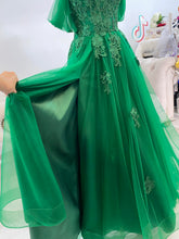 Load image into Gallery viewer, Tina 3D lace dark green wedding dress (with slit,pockets, removable off shoulders sleeve)
