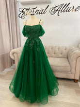 Load image into Gallery viewer, Tina 3D lace dark green wedding dress (with slit,pockets, removable off shoulders sleeve)
