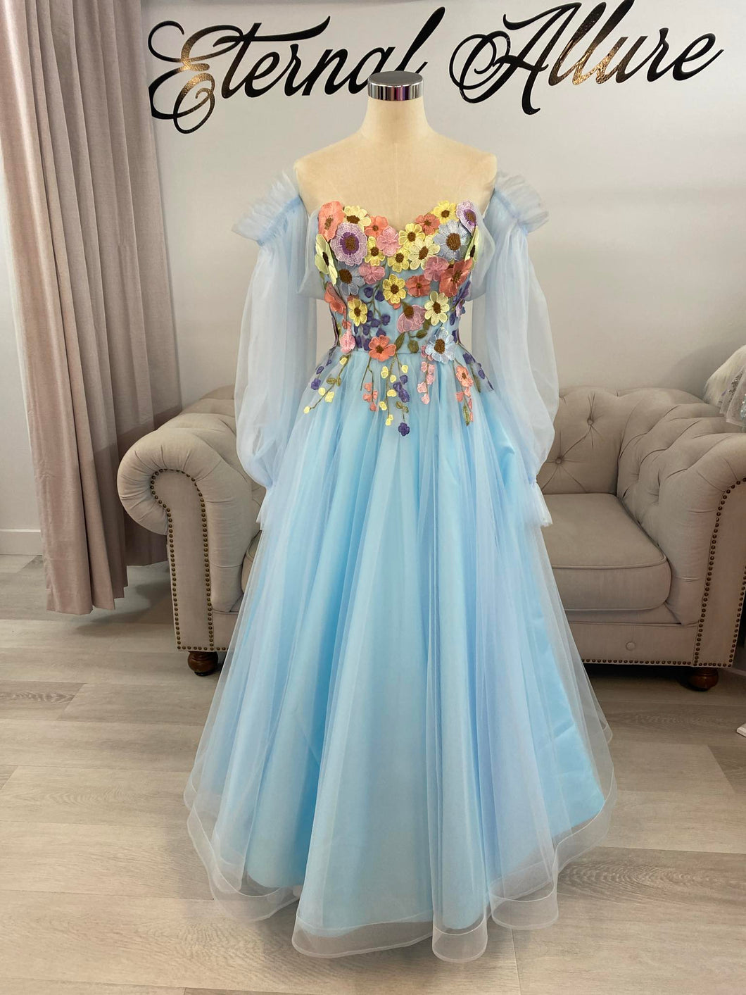 Cinderella floral wedding dress (with pockets, removable straps ,off shoulder ,puffy tulle sleeve )