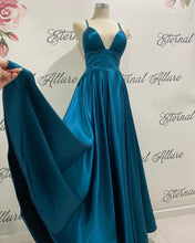 Load image into Gallery viewer, Jen satin emerald / lilac formal dress (with pockets and slit)
