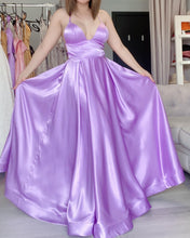 Load image into Gallery viewer, Jen satin emerald / lilac formal dress (with pockets and slit)
